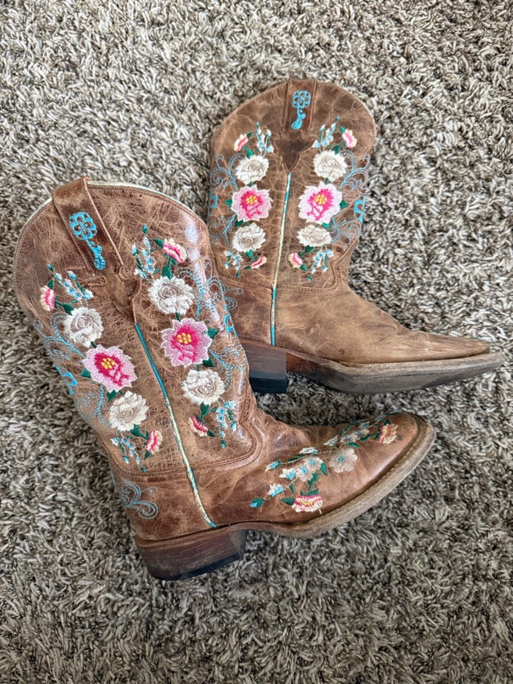 Brown Embroidered Floral Cowboy Boots with Pink Lining